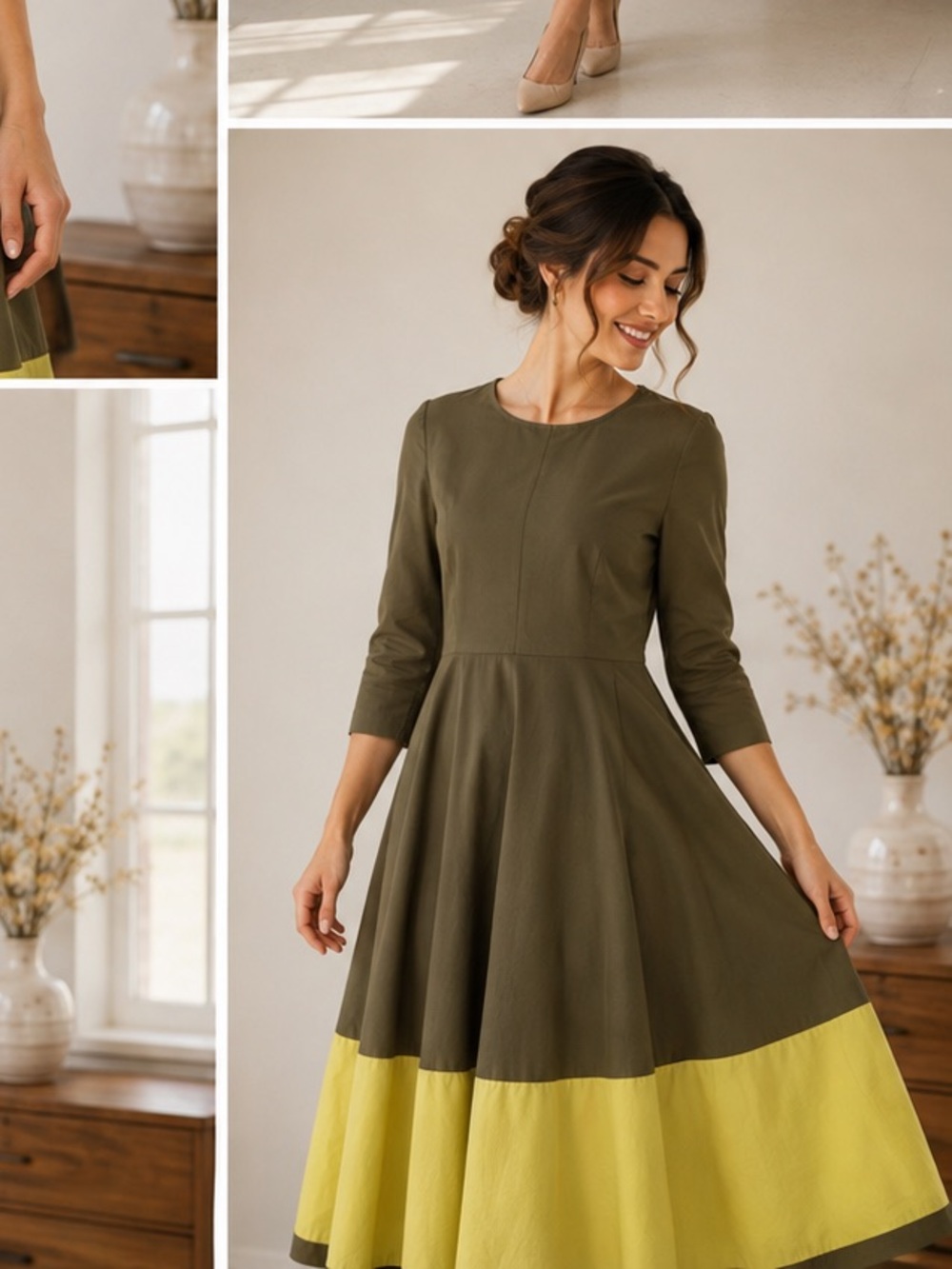 Modest Zaikamoya Olive and Yellow Colorblock Dress